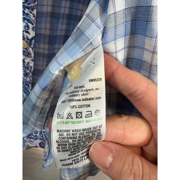 Ted Baker Endurance Flip Cuff Shirt 16.5 34/35 Blue Plaid Cotton Button LS A38 - Picture 4 of 8